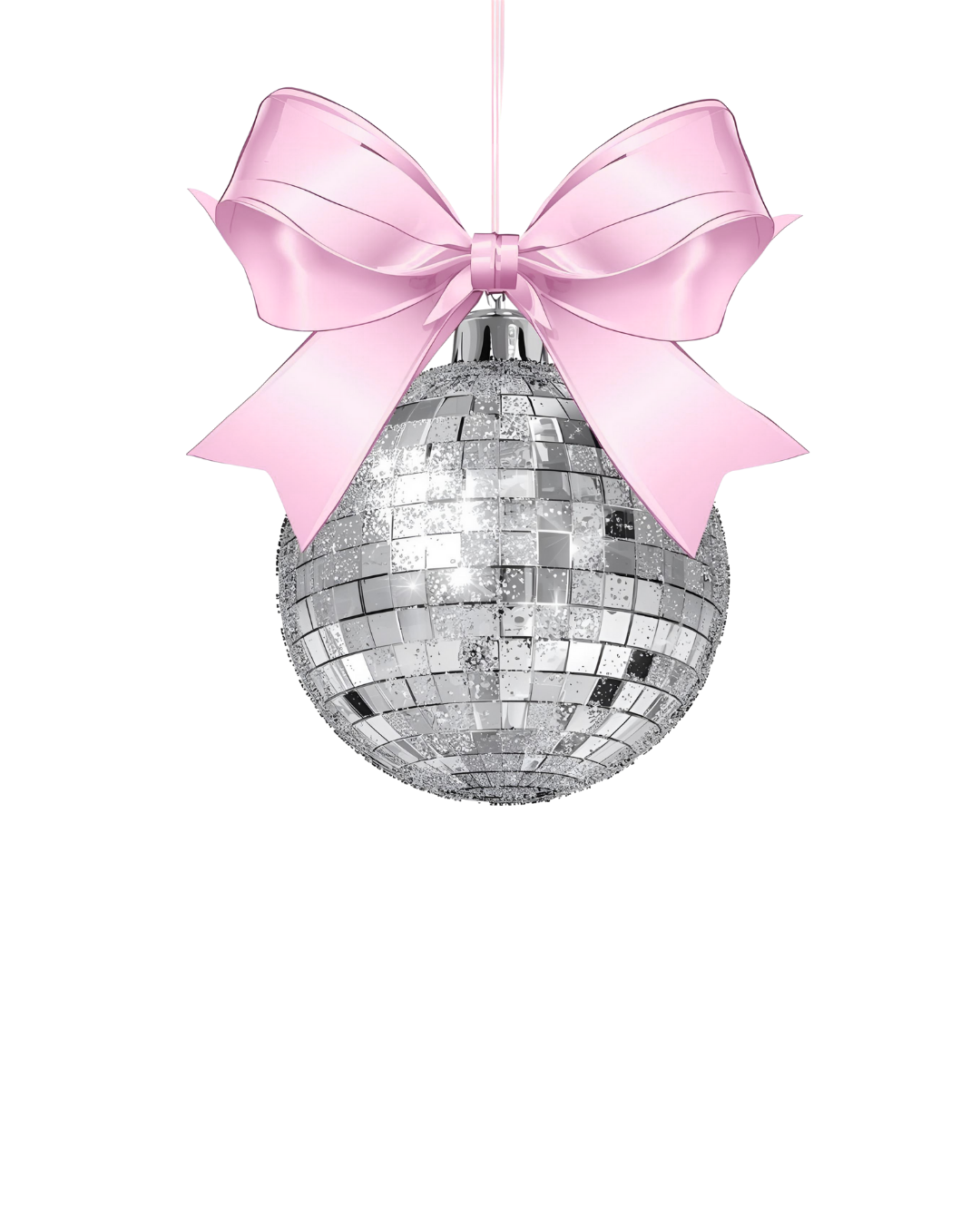 A silver disco ball with a pink bow on top, hanging against a white background.