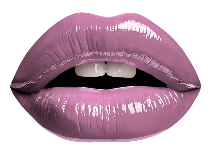 Close-up of lips with purple lipstick and white teeth visible