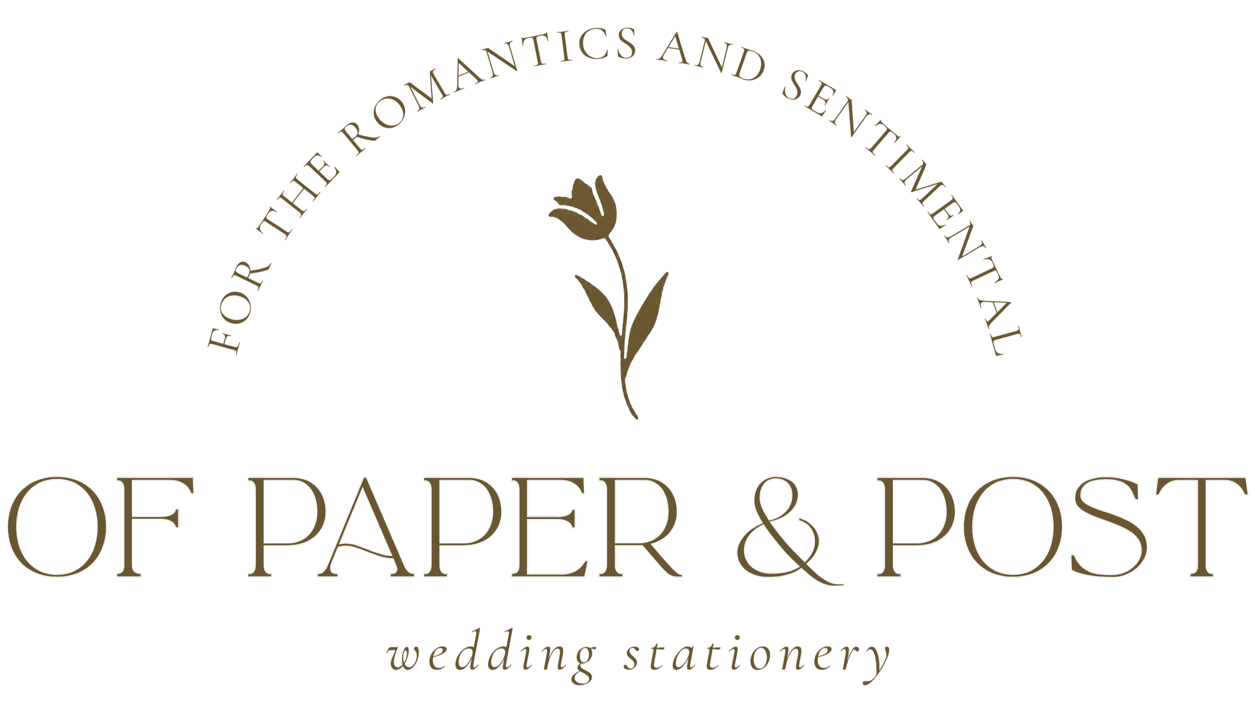 Elegant black and gold logo for a wedding stationery company called 'Of Paper & Post,' featuring a stylized flower and the phrase 'For the Romantics and Sentiment' in a curved banner.