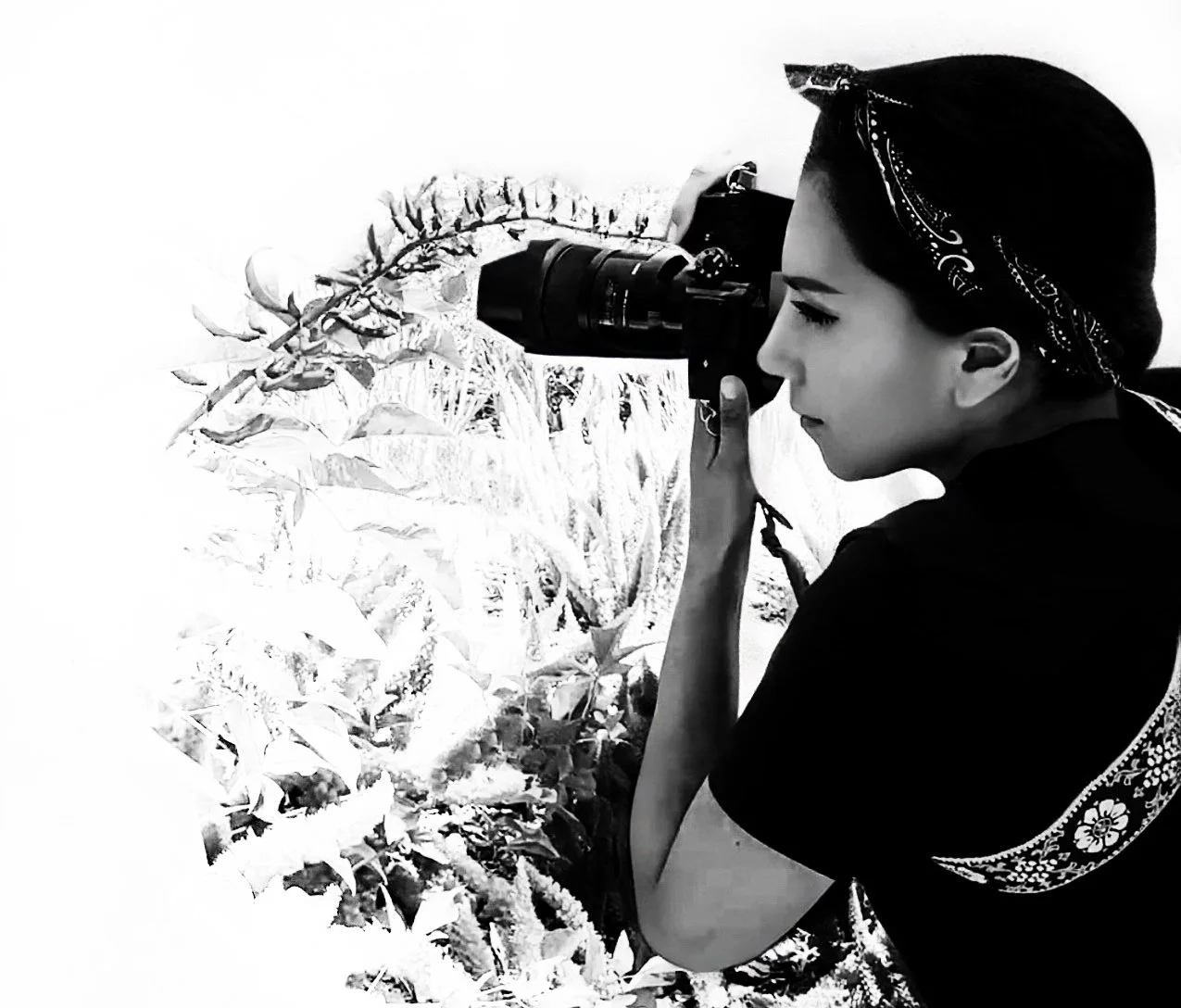 Andie Kris takes a photograph of flowers with a camera in a field.