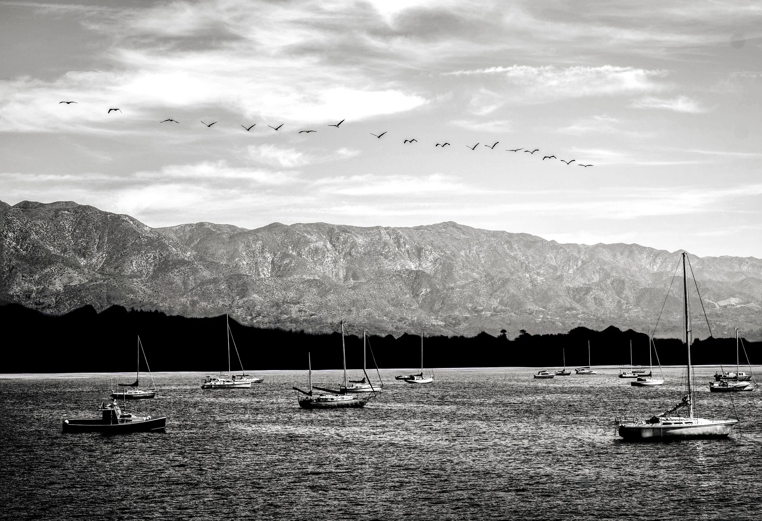 Black and white photo of boats anchored in a body of water with mountains in the background and a flock of birds flying in the sky.