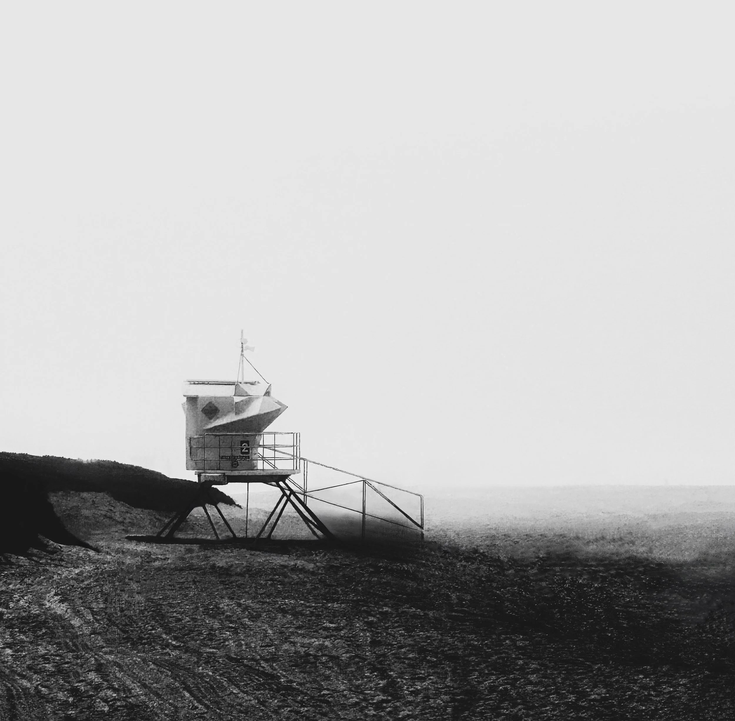 Lifeguard tower on a deserted beach in black and white, minimalistic scene.