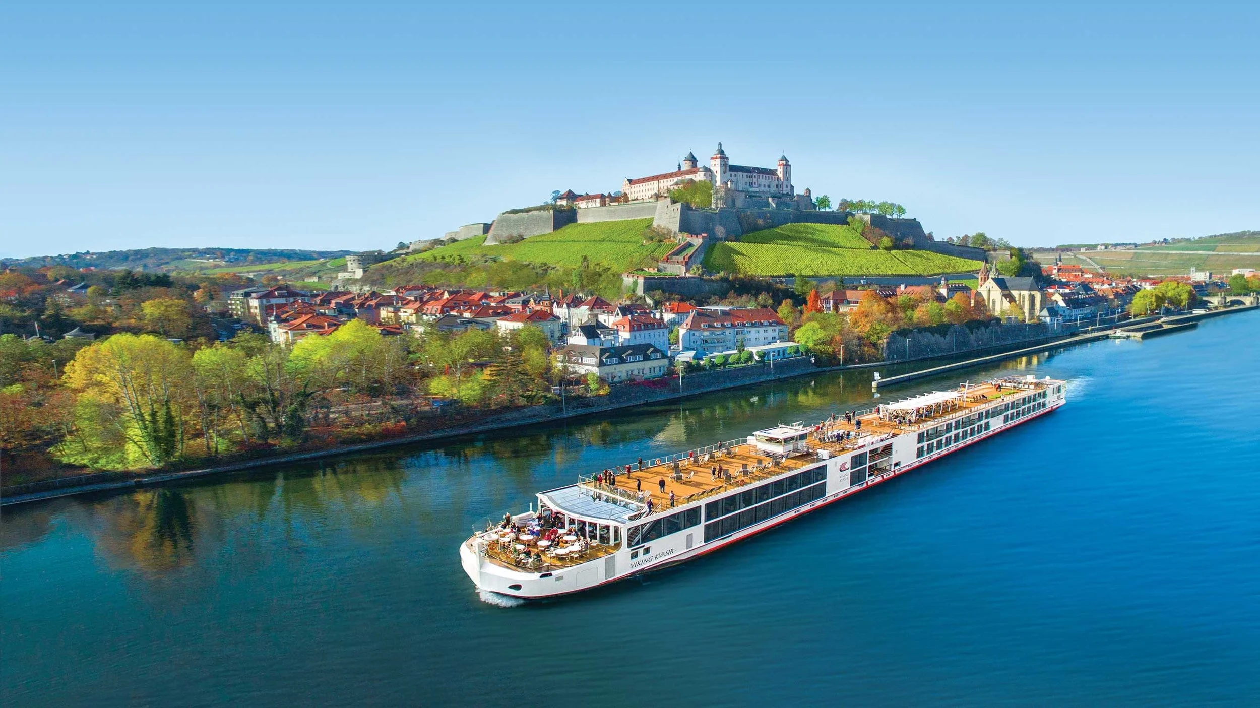 Viking River Cruises ship sailing through Europe featuring luxury river cruises on the Rhine and Danube rivers