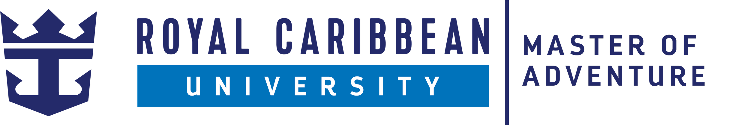 Royal Caribbean University logo featuring a blue crown, the text "Royal Caribbean University" with "University" in white on a blue background, and the phrase "Master of Adventure" to the right.