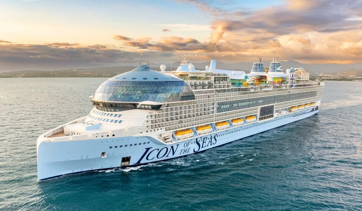 Royal Caribbean Icon class cruise ship sailing in the ocean with departures from Galveston, Miami, and Port Canaveral