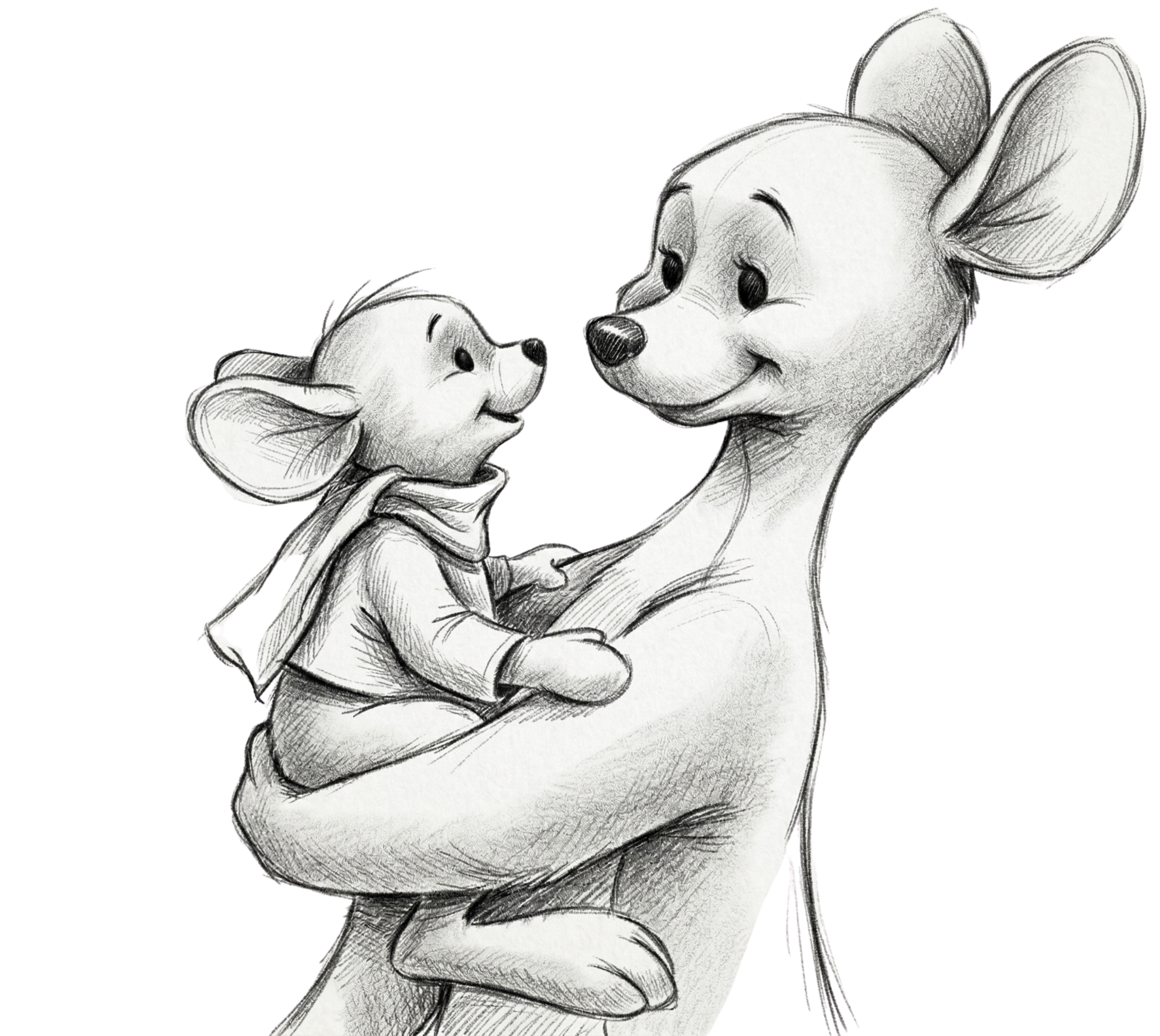 A detailed pencil sketch of a mother mouse holding her baby mouse, both with large ears and expressive eyes, against a black background.