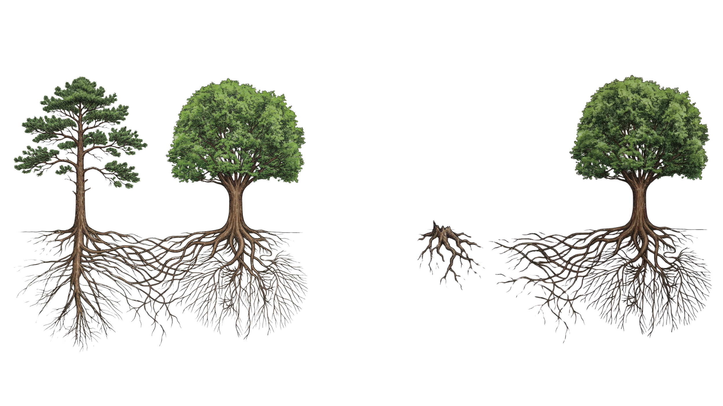 Diagram showing detailed cross-section of tree roots, soil, and underground structures with three trees at different growth stages.