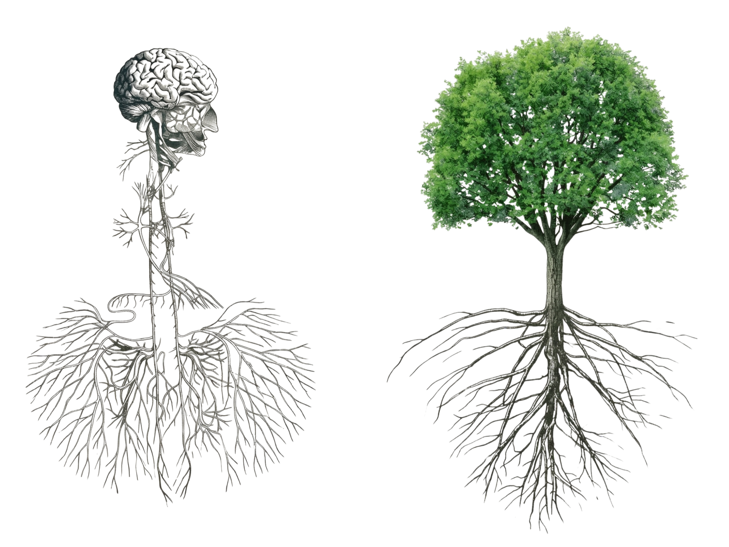Diagram showing the anatomy of a tree, including the roots, trunk, branches, leaves, a human brain, and a human head with the brain visible.