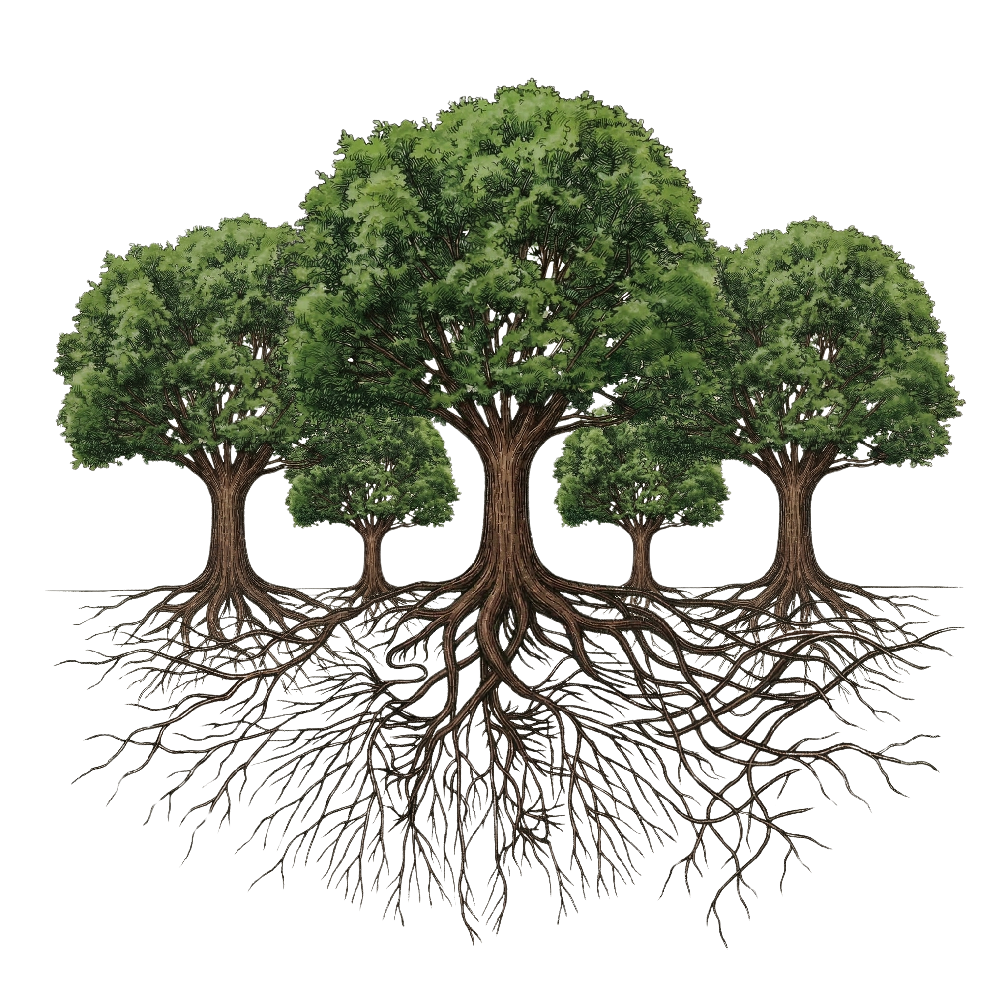 Illustration of trees with complex root systems underneath.