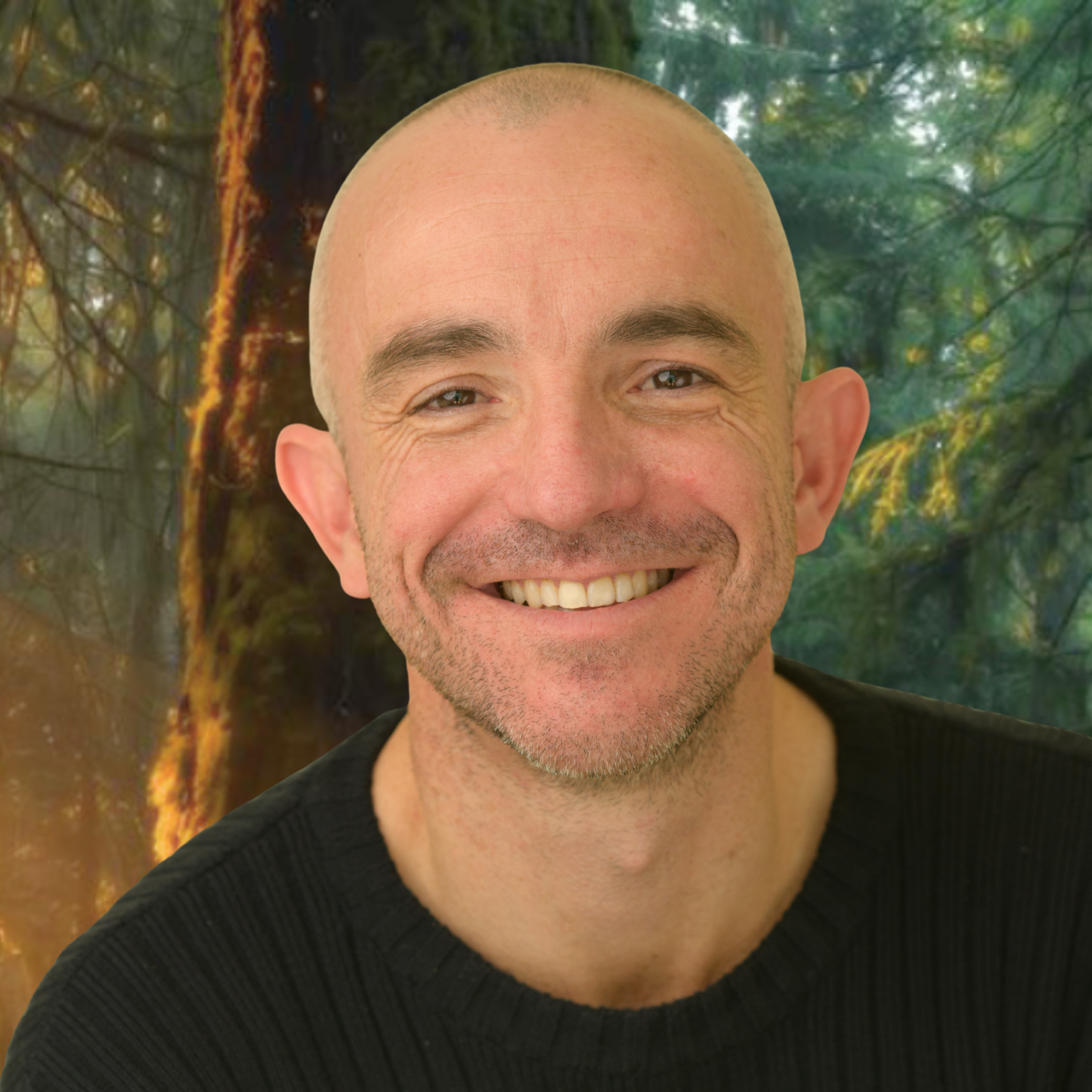 Close-up of a smiling man's face with a bald head, wearing a black shirt, in front of a green forest background.
