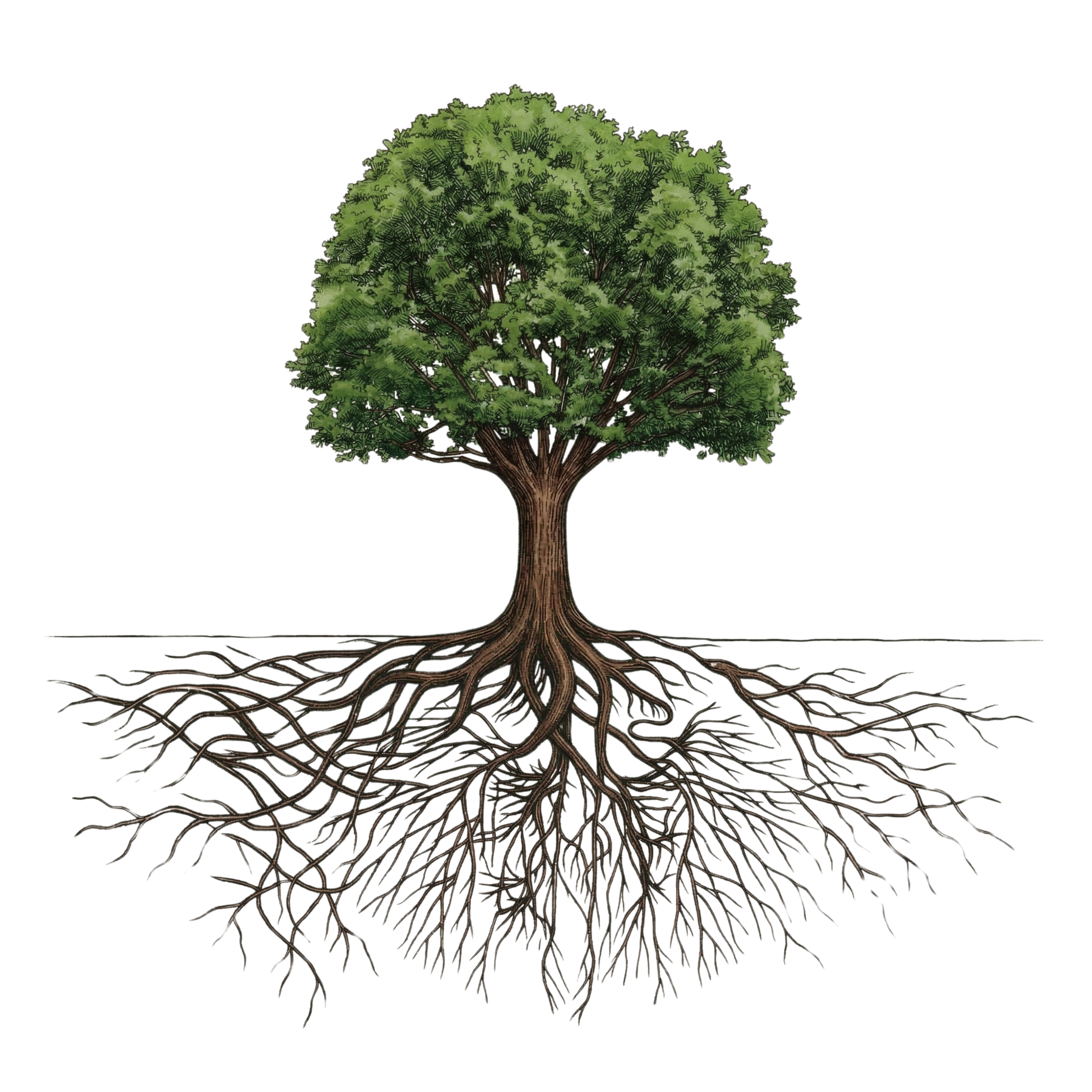 Illustration of a large green tree with detailed roots extending underground.