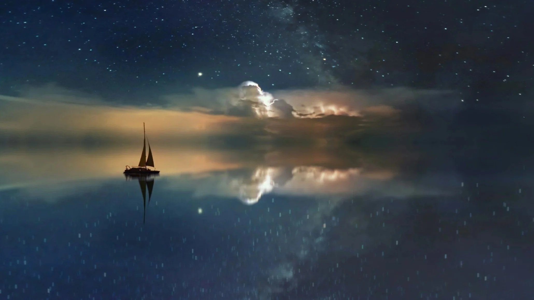 A sailboat on calm water under a starry night sky, with reflections and illuminated clouds.