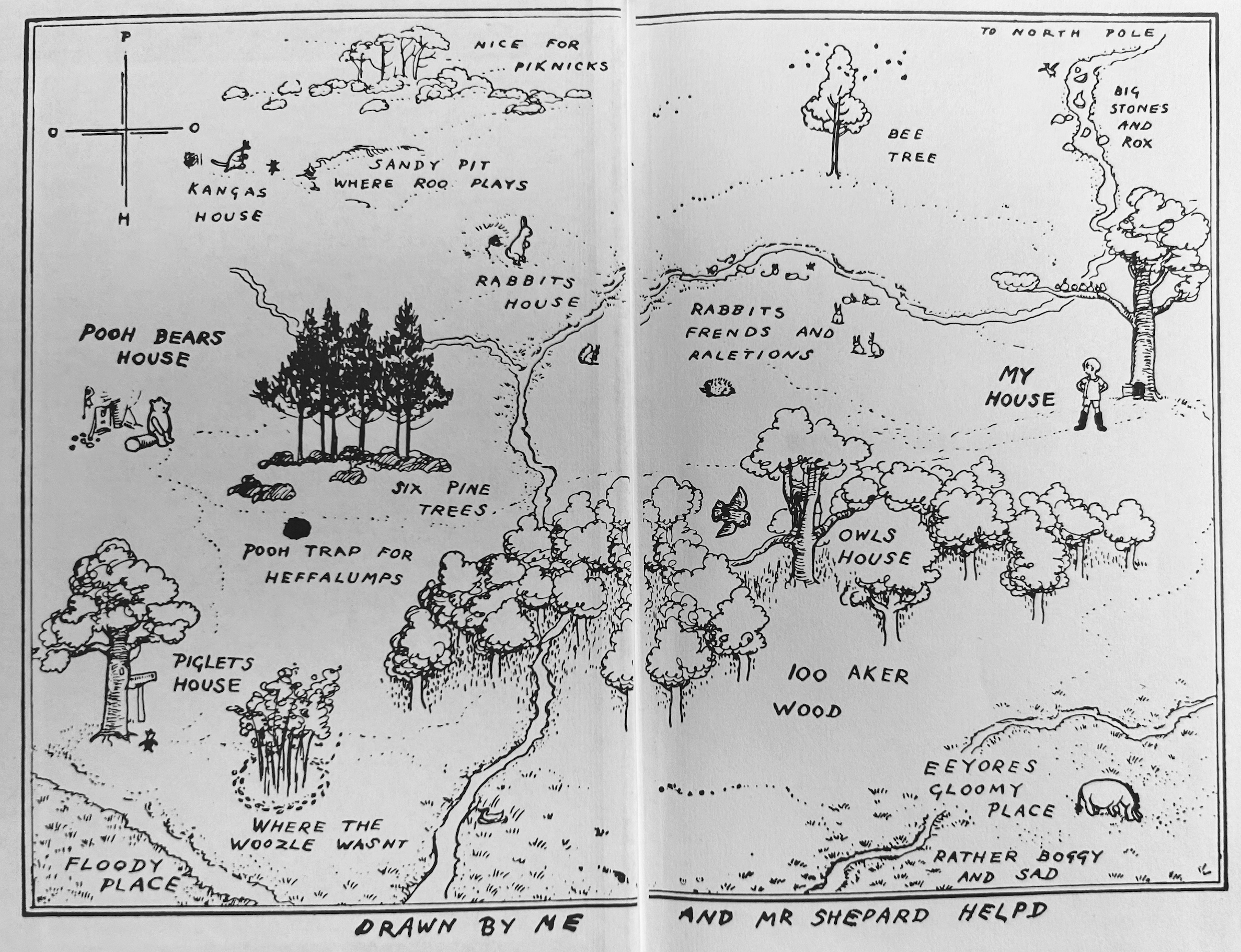 A hand-drawn map of Winnie the Pooh's neighborhood showing various locations and characters, including Pooh Bear's house, Piglet's house, Rabbit's house, and other landmarks. Notable areas include the Sandy Pit where Roo plays, Six Pine Trees, Owl's house, Eeyore's gloomy place, and the area where the Woozle wasn't flooded. The map features playful illustrations of trees, animals, and scenes from the Hundred Acre Wood.