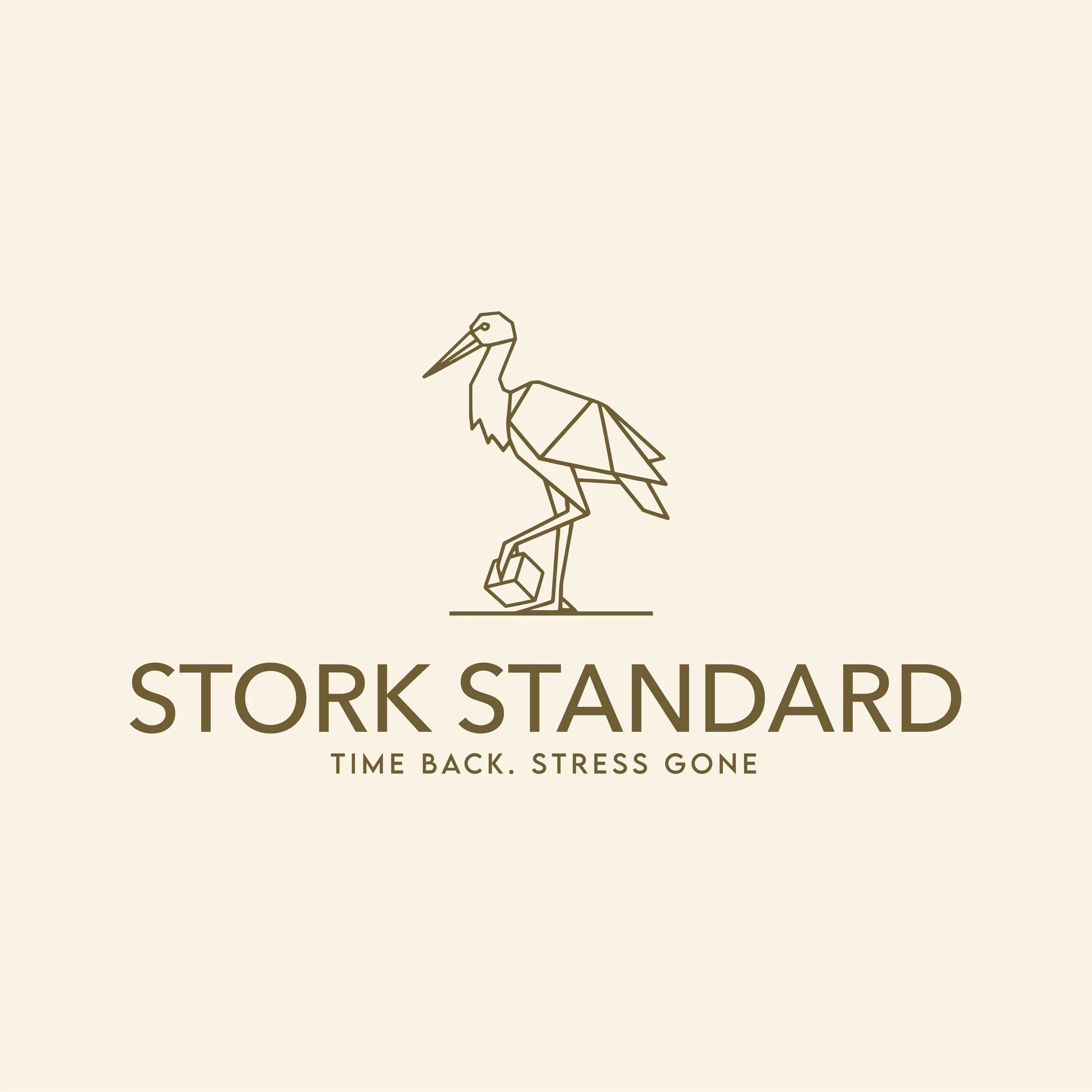 Logo for Stork Standard featuring a geometric line drawing of a stork standing on one leg, with the tagline 'Time back. Stress gone.'