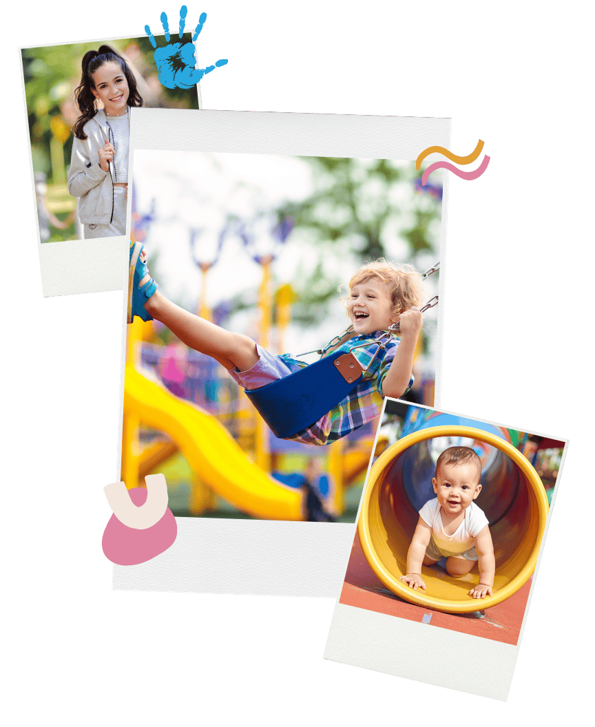 Photos of children playing at a playground, including a girl smiling on a swing and a baby crawling through a tunnel. At our pediatric clinic, we treat patients of all ages!