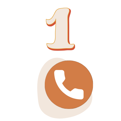 Number one with a brown circle containing a white phone icon below it.