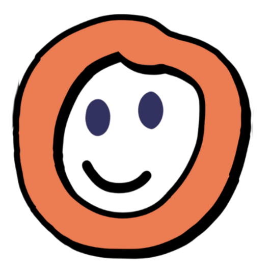 Child's hand-drawn smiley face with a round, orange border and a black outline, featuring a simple black smile and two dark blue eyes.