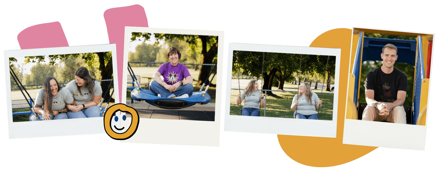 Series of four outdoor photos of friends at a park, sitting on swings and enjoying the day, with a cartoon smiley face sticker overlay. We are like a family here at KidsDocs and your child's medical care is important to us!
