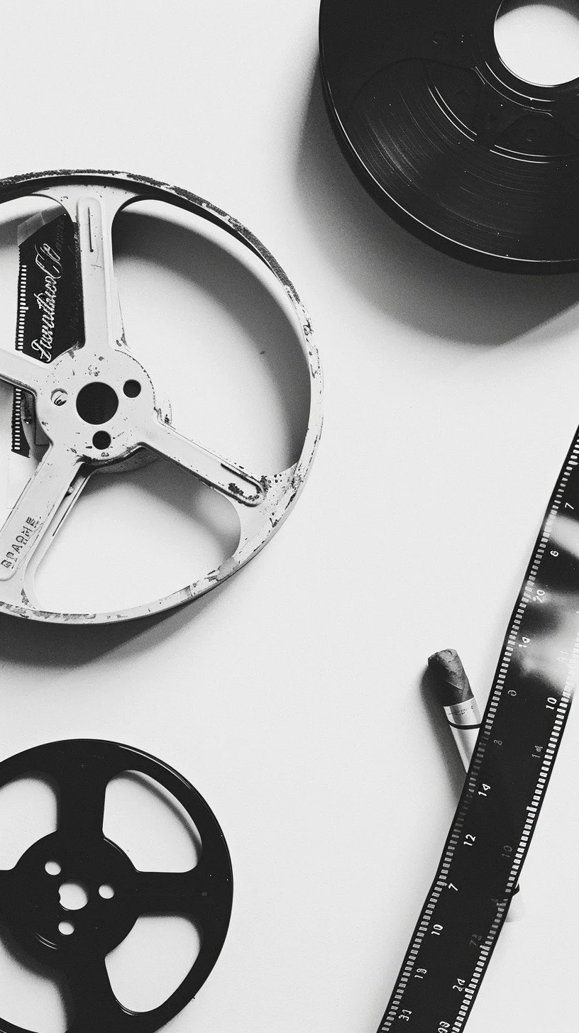 Black and white film reels, a ruler, and a cigarette on a white surface.