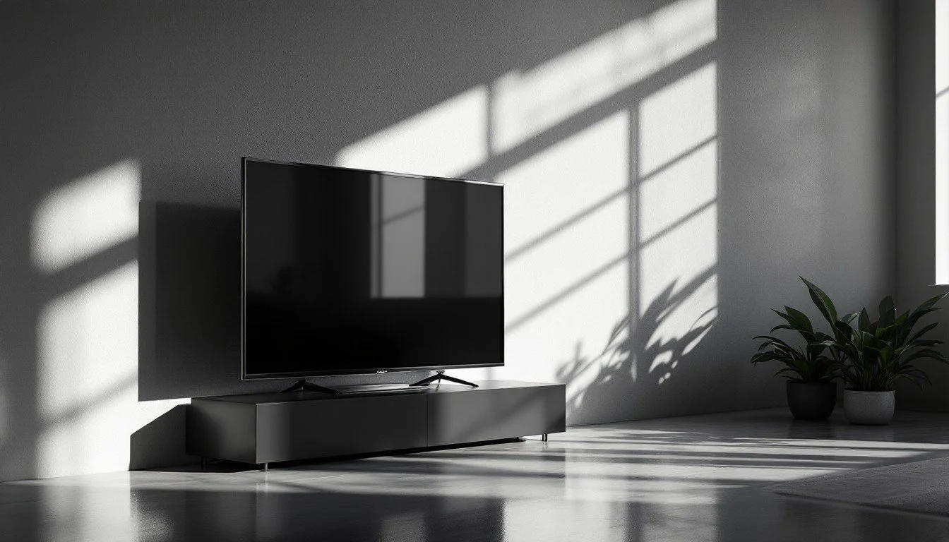 A modern living room with a flat-screen TV on a sleek black TV stand, sunlight casting shadows through window blinds, plants on the right side of the image.