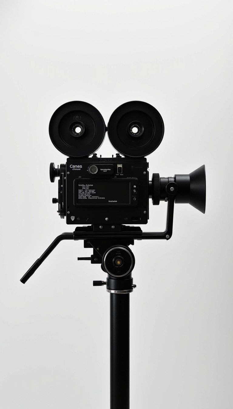 A black professional film or television camera mounted on a tripod with film reels on top, set against a plain white background.