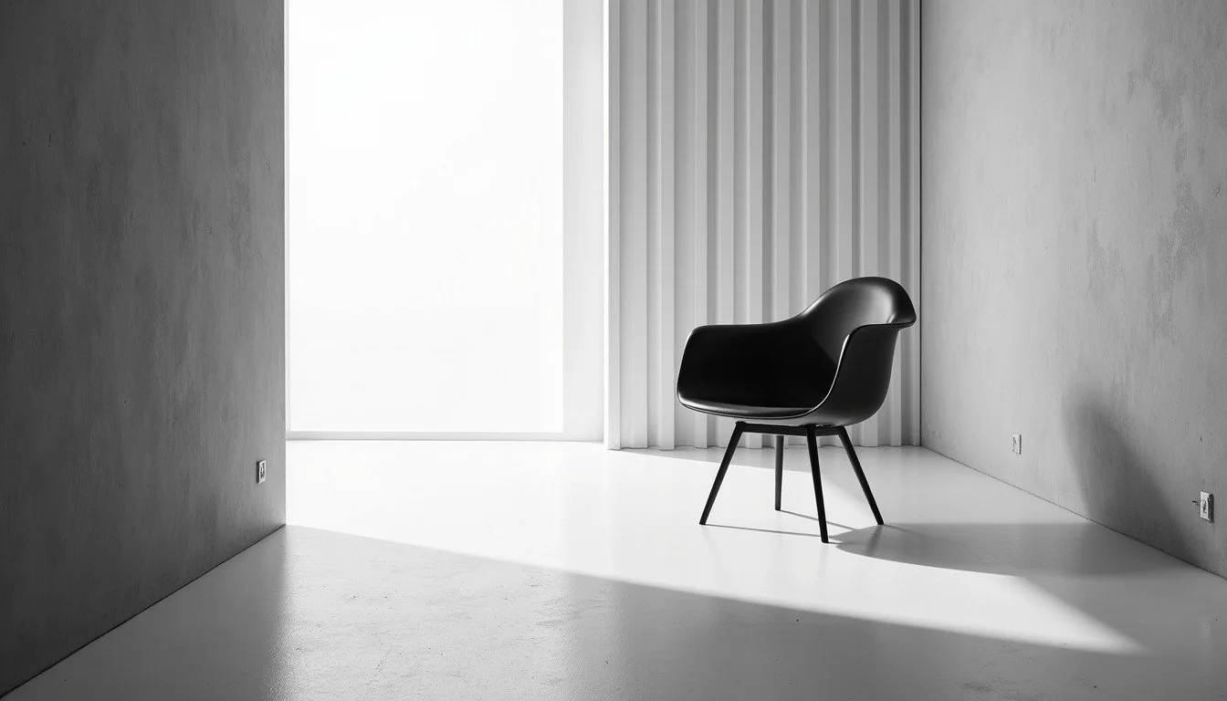 A black chair in a minimalist room with white walls, a white floor, a large window with sheer curtains, and natural light casting shadows.