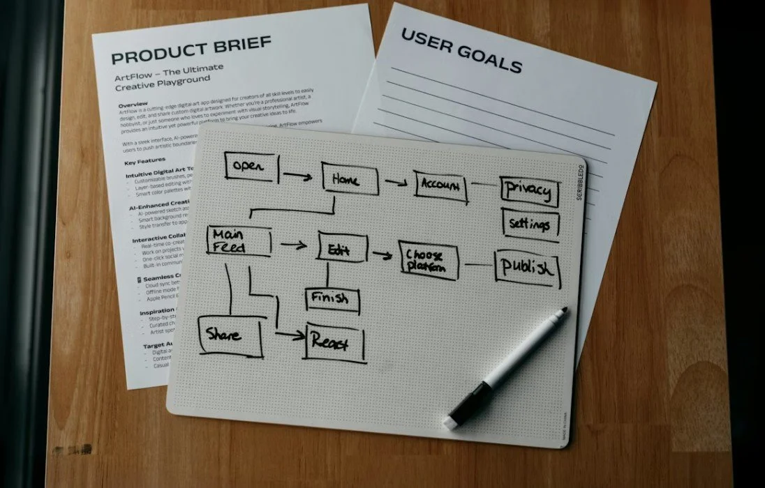 Flowchart diagram on a white perforated sheet paper with black handwritten boxes and arrows illustrating an app user flow. The flow includes steps like open, home, account, privacy, settings, main feed, edit, choose photo, publish, share, finish, and read. A black marker is placed below the diagram.