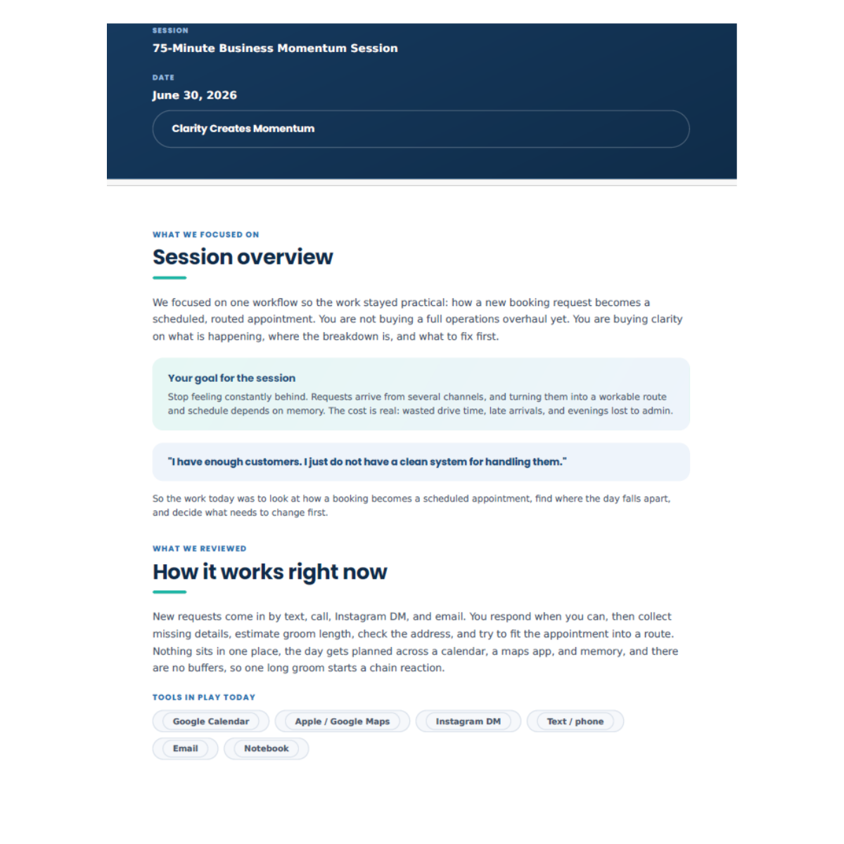 Screenshot of a presentation slide titled '75-Minute Business Momentum Session' dated June 30, 2026. The slide includes sections on session overview, goals, review, and tools in use, with details about workflow, handling requests, and tools like Google Calendar, Apple/Google Maps, Instagram DM, Email, and Notebook.