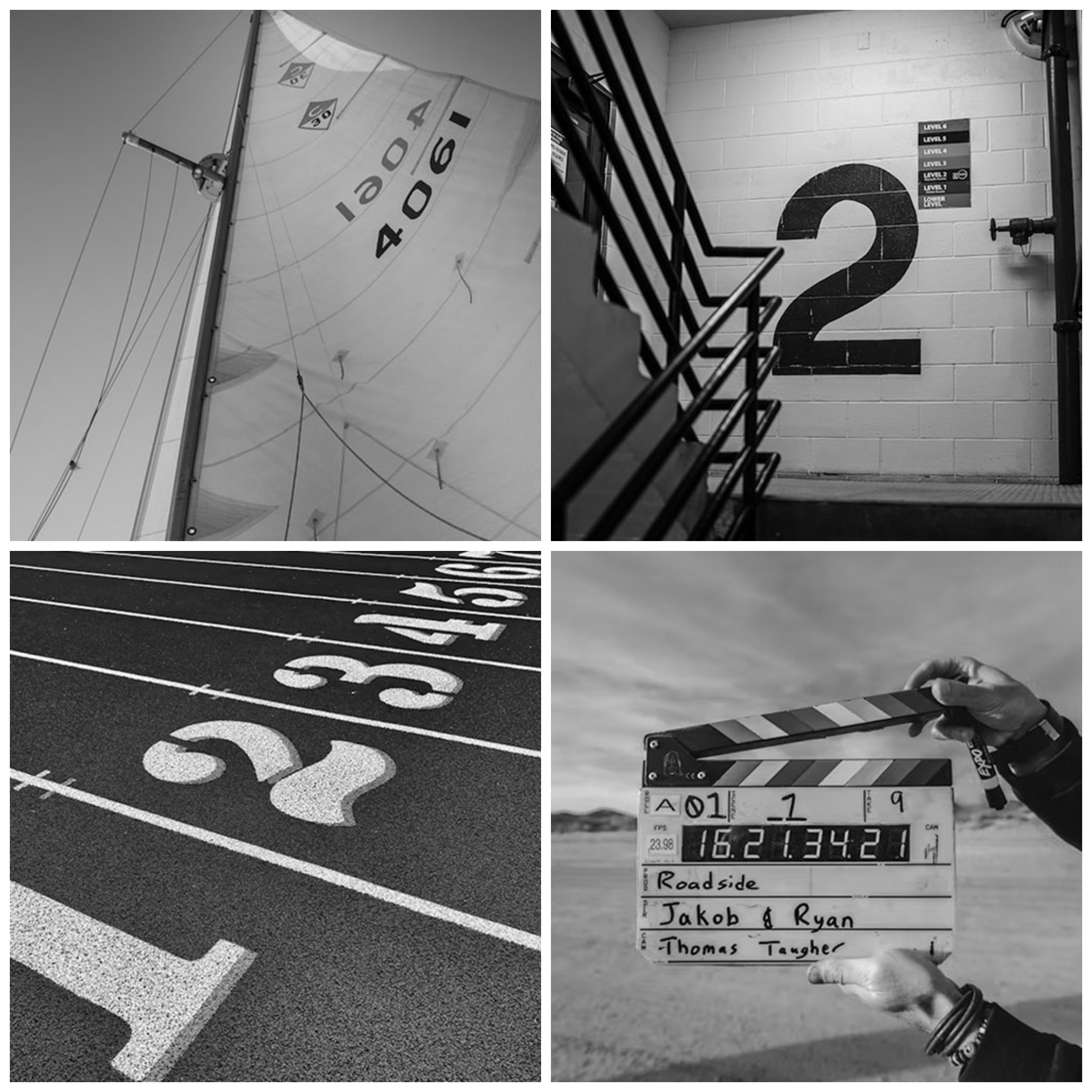 A collage of four black and white images: the top left showing a close-up of a sailboat sail with the number 40-06 and the letters 'CO'; the top right showing the interior of a parking garage with 6 levels marked on a wall with a large question mark next to it; the bottom left displaying a close-up of a running track with lane numbers from 36 to 43; and the bottom right showing a person holding a clapperboard with text including a handwritten note with names and directions.