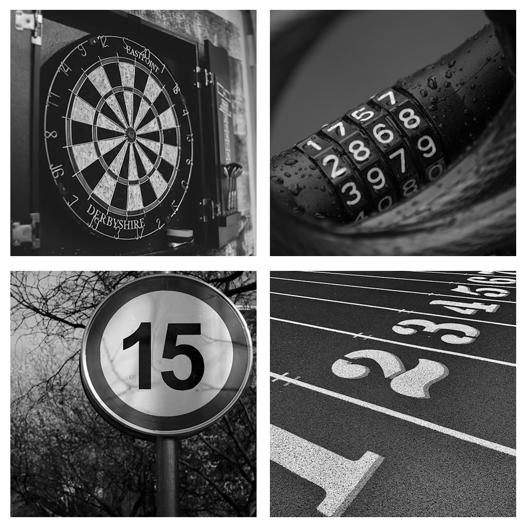 A collage of four black-and-white images: a dartboard, a combination lock, a speed limit sign displaying 15, and a running track with lane numbers.