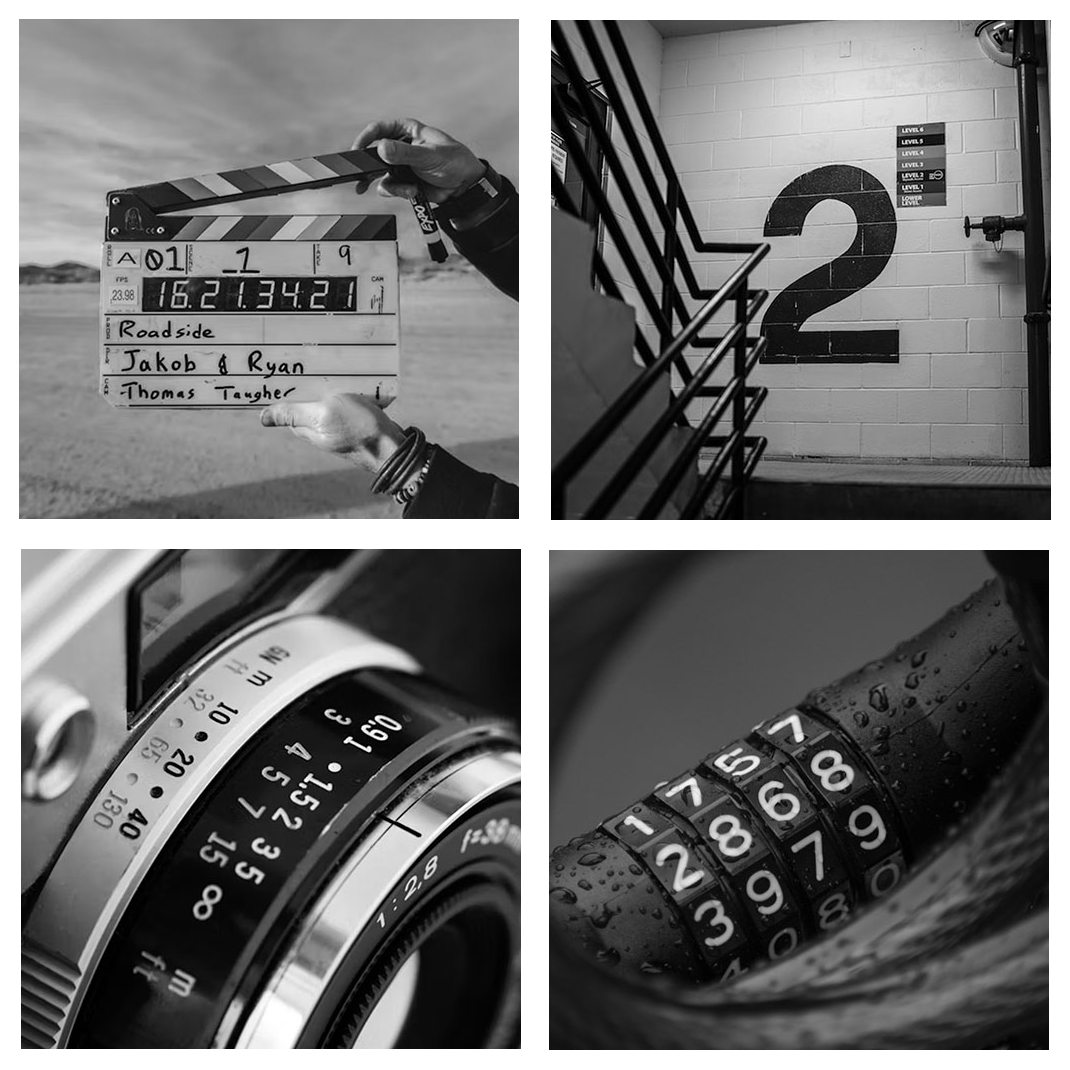 Black and white collage of four photographs: a movie clapperboard with a desert background, a stairwell wall with a large number 2 and level signs, a close-up of a camera lens, and a close-up of a bicycle handlebar with a combination lock.