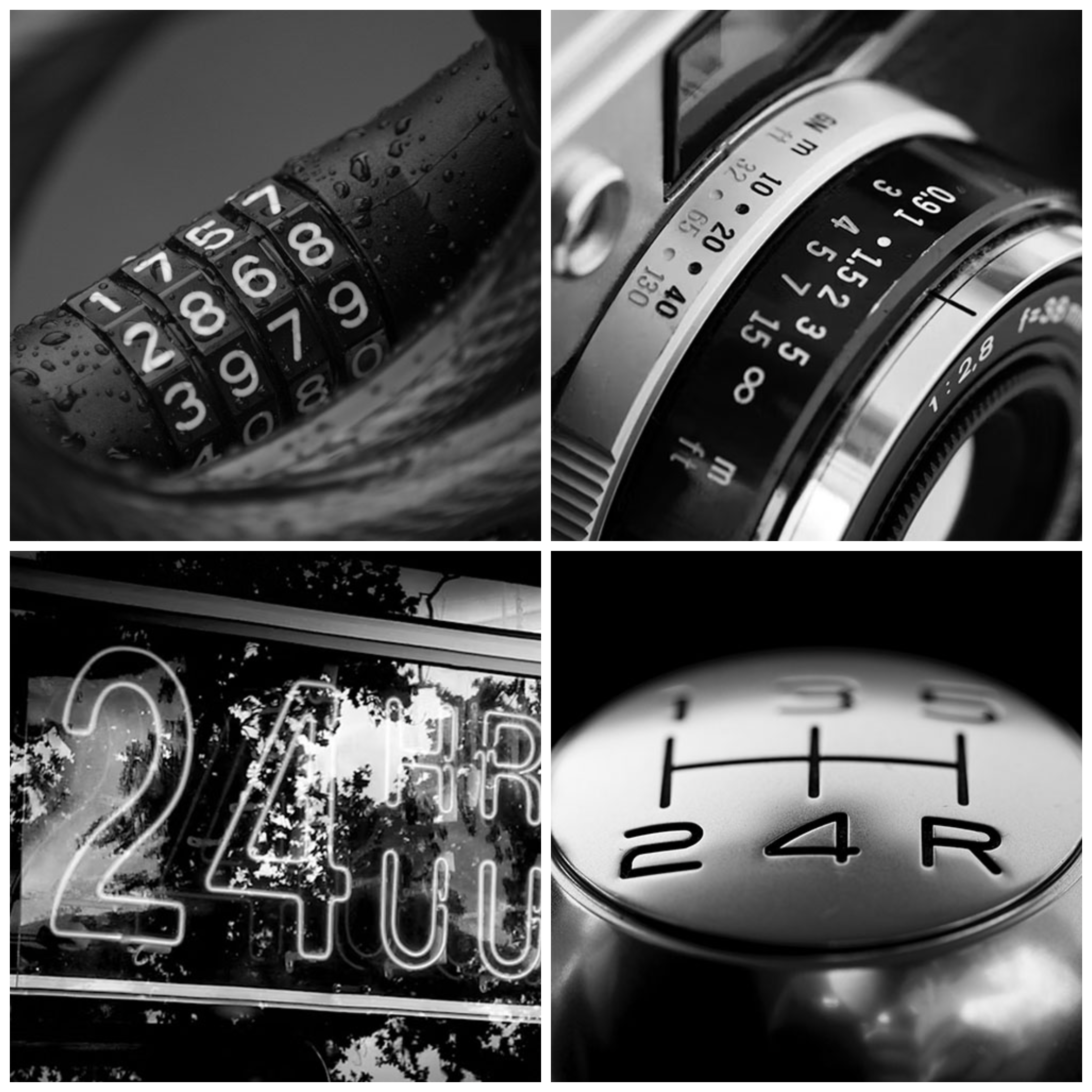 A black and white close-up photograph of a vintage speedometer and tachometer, with water droplets on its surfaces.