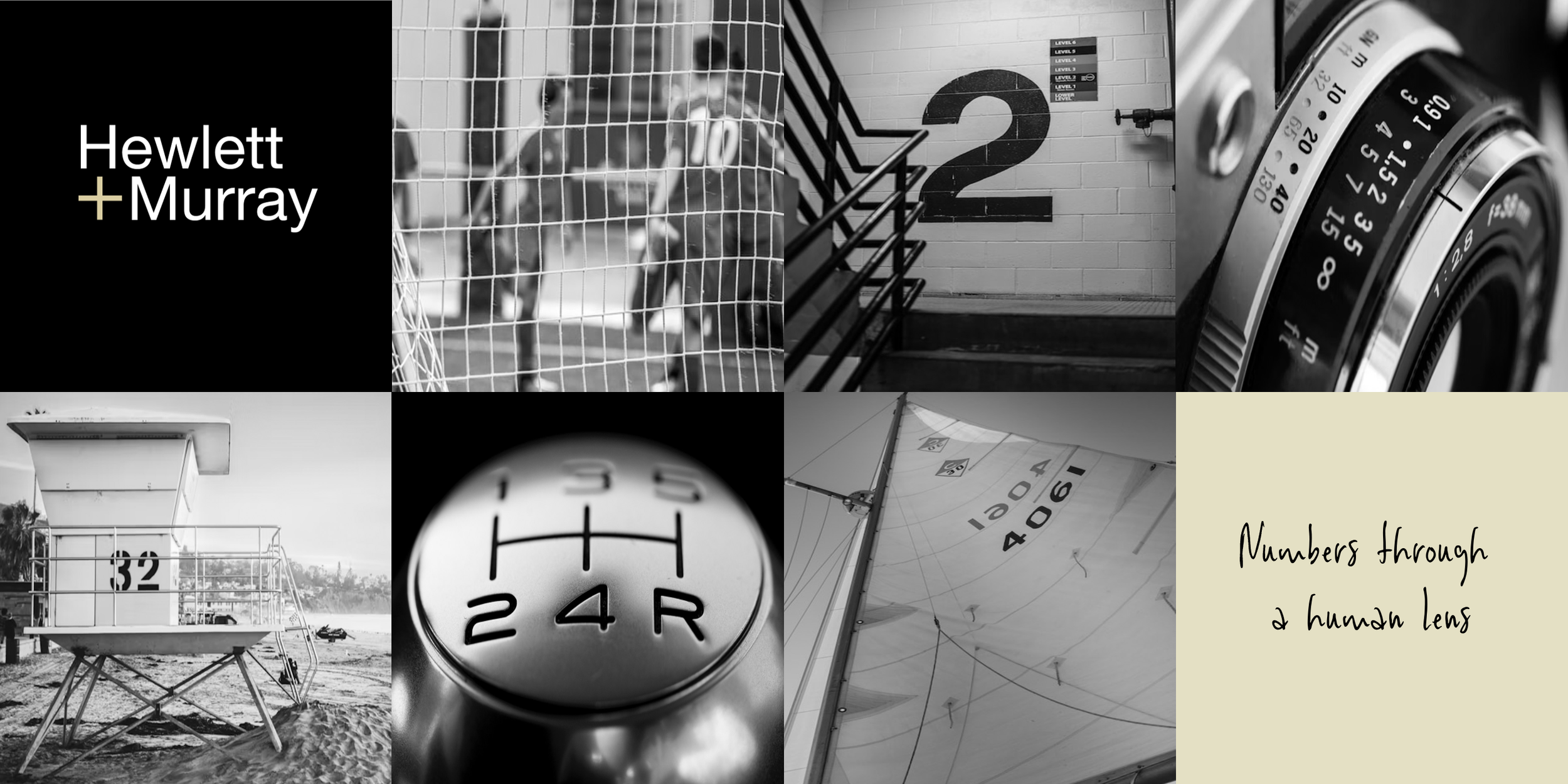 A collage of black and white images related to sports and adventure, including a soccer game, a wooden staircase with a '2' sign, camera lenses, a lifeguard tower, a speedometer, a boat sail, and a handwritten note that reads 'Numbers through 2 hundred lens'.