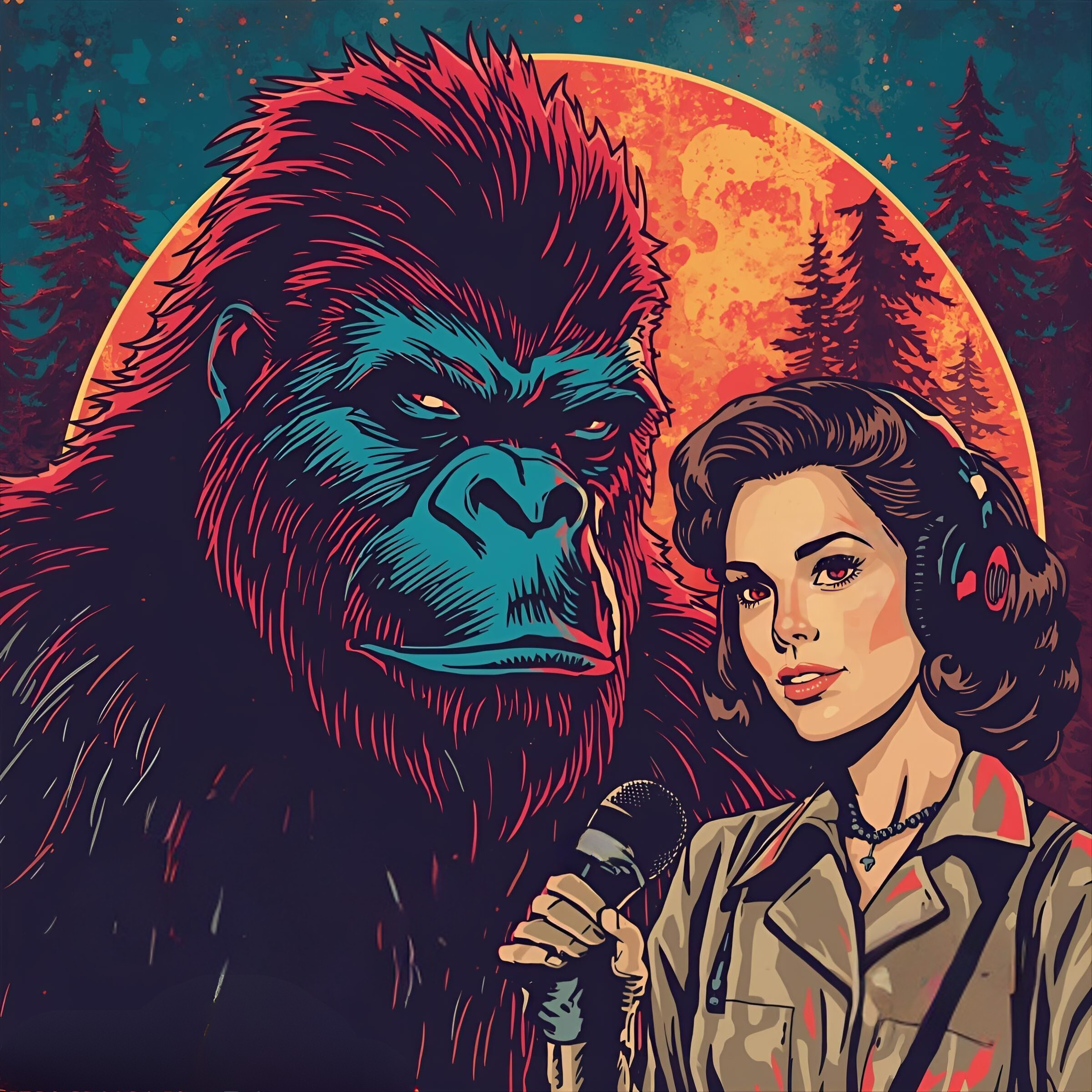 A stylized illustration of a woman with retro hairstyle, headphones, and a headset microphone, holding a microphone, standing beside a Bigfoot with a forest and a full moon in the background