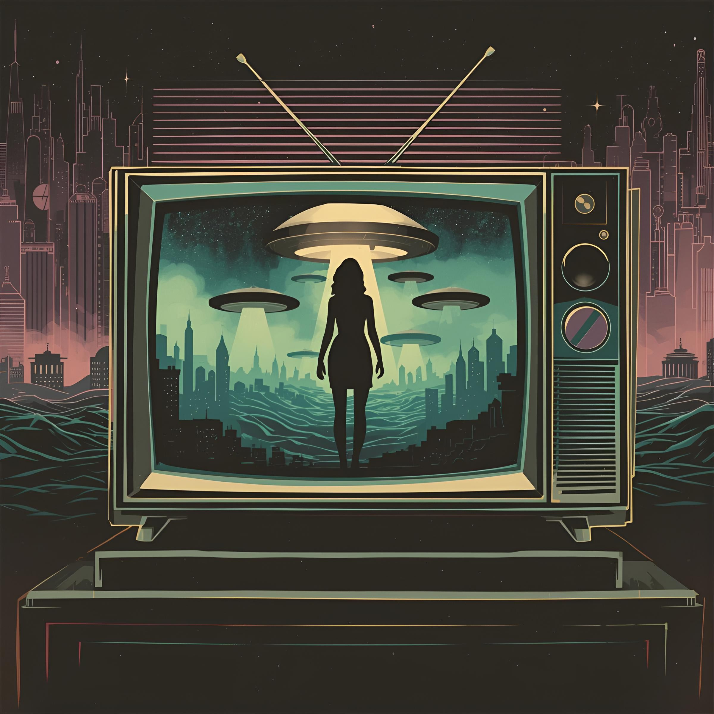 A vintage television set displaying a scene of an alien invasion, with a silhouette of a woman stood in front of flying saucers beaming down light over a futuristic city