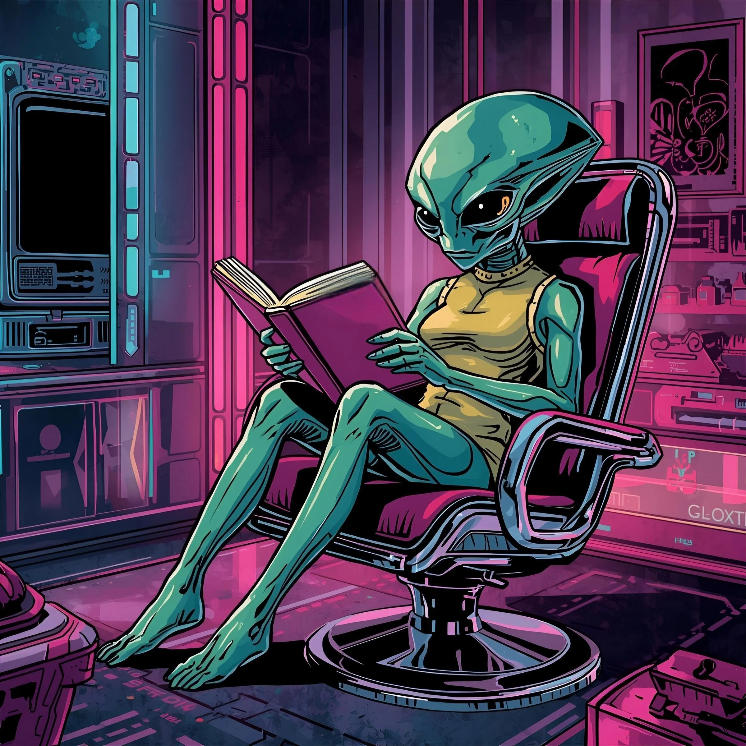 An alien with a large head and big black eyes, sitting in a high-tech room on an office chair, reading a pink book. The room has futuristic equipment and neon pink and blue lighting
