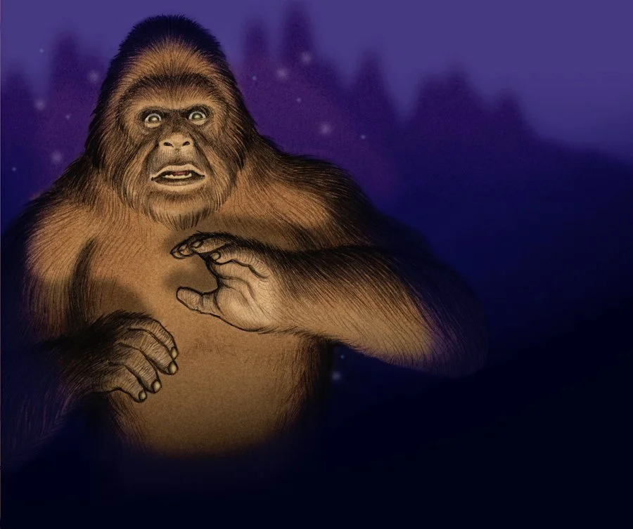 Drawing of a Bigfoot humanoid creature with a surprised expression, dark fur, and a blue night sky background