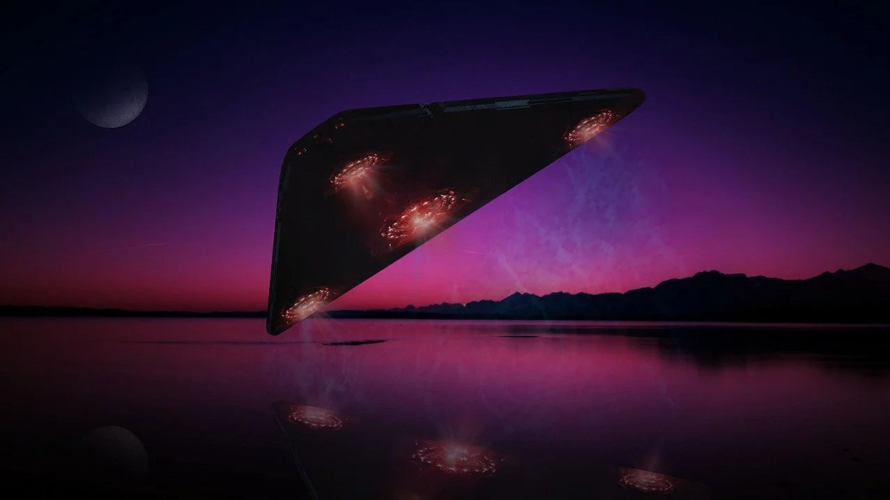 A futuristic, sleek black spaceship with glowing red lights appears to be flying over a purple and pink landscape with mountains and a body of water at dusk, with a crescent moon in the night sky above.