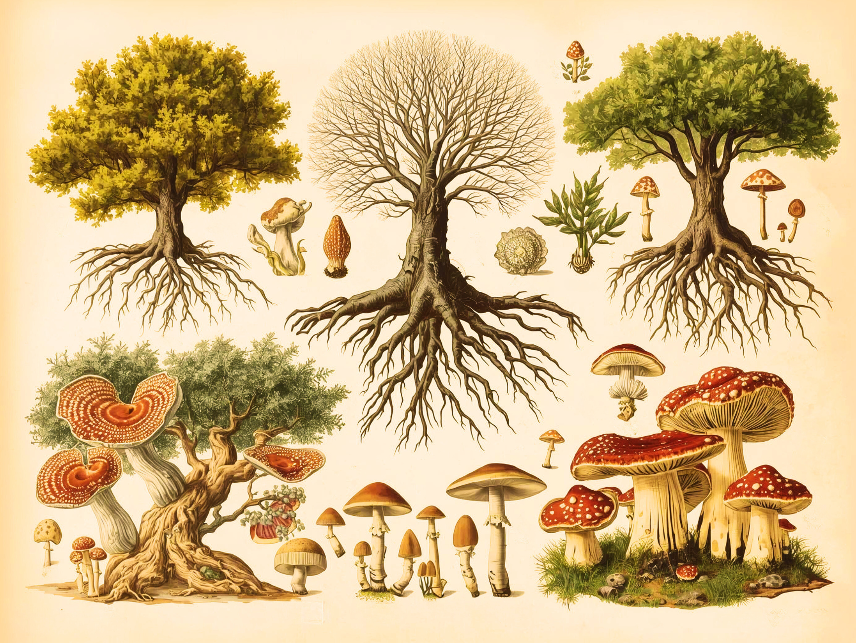 Illustration of various types of trees and mushrooms, including two large trees with roots, a leafless tree, smaller trees, and different mushrooms with red caps and white spots, set against a beige background