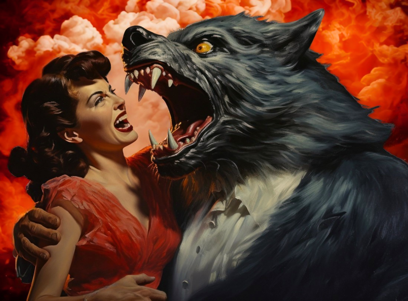 A woman with dark hair and red lipstick appears to be screaming while facing a large, fierce black wolf with yellow eyes and sharp teeth, set against a fiery orange background with billowing clouds.