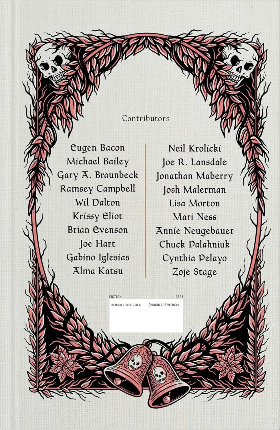 Back cover of the Silent Nightmare horror anthology with a list of the featured authors, showing images of two skulls peaking out of ivy and jingling bells with skulls on them.