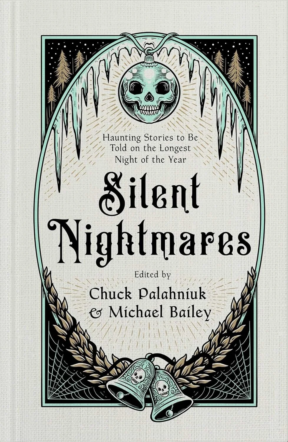 Silent Nightmares horror anthology front cover of book with images of a skull necklace, pine trees, and ringing bells with skulls on them.