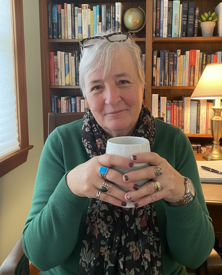 Author Julie Quinn shown with short gray hair, wearing a green sweater and decorative scarf, glasses on her head, holding a white mug in ring-bedecked hands, sitting in a room filled with books and a globe, with a lamp on a desk nearby.