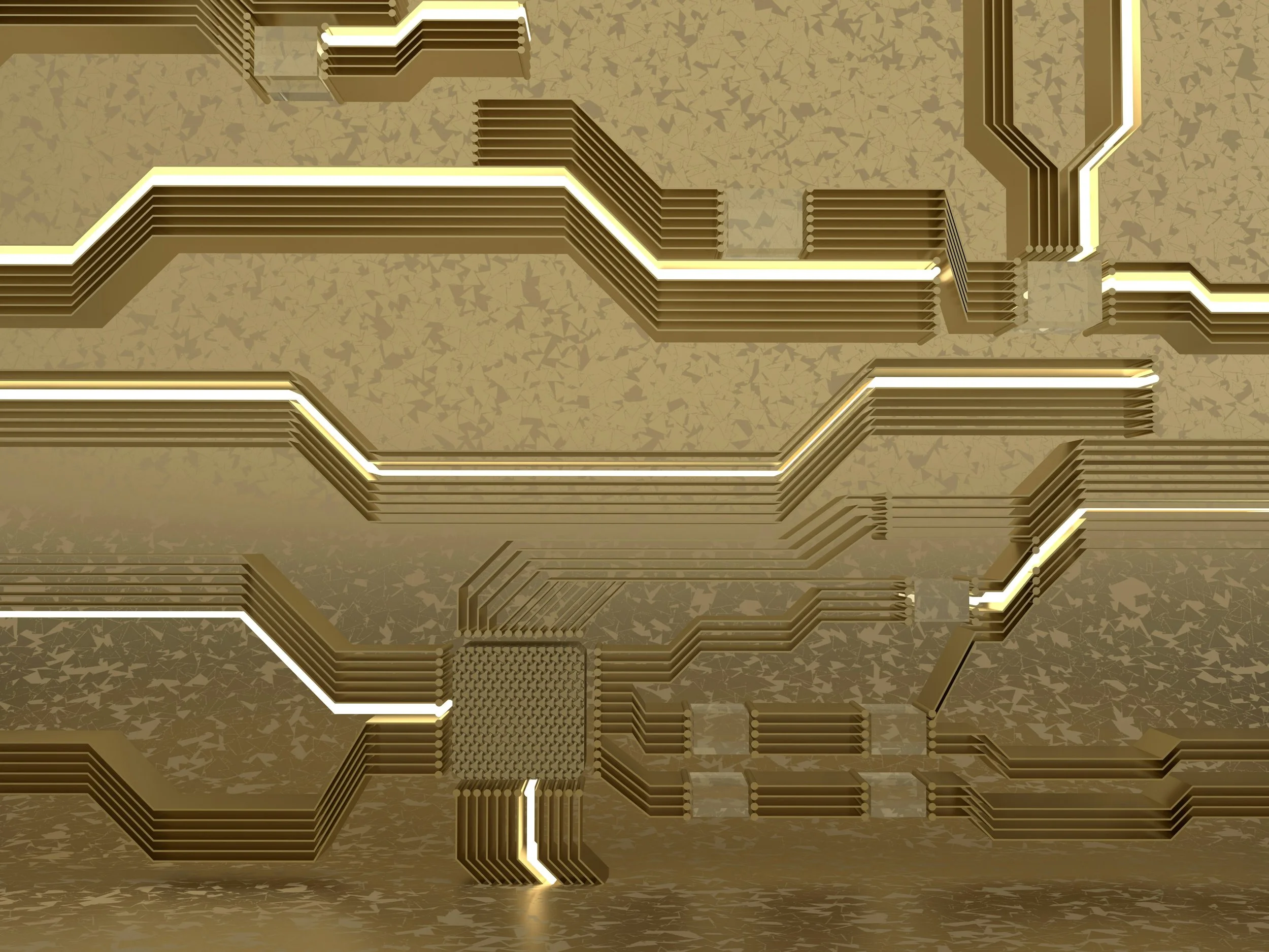 Close-up of a gold-colored computer circuit board with intricate pathways and components.