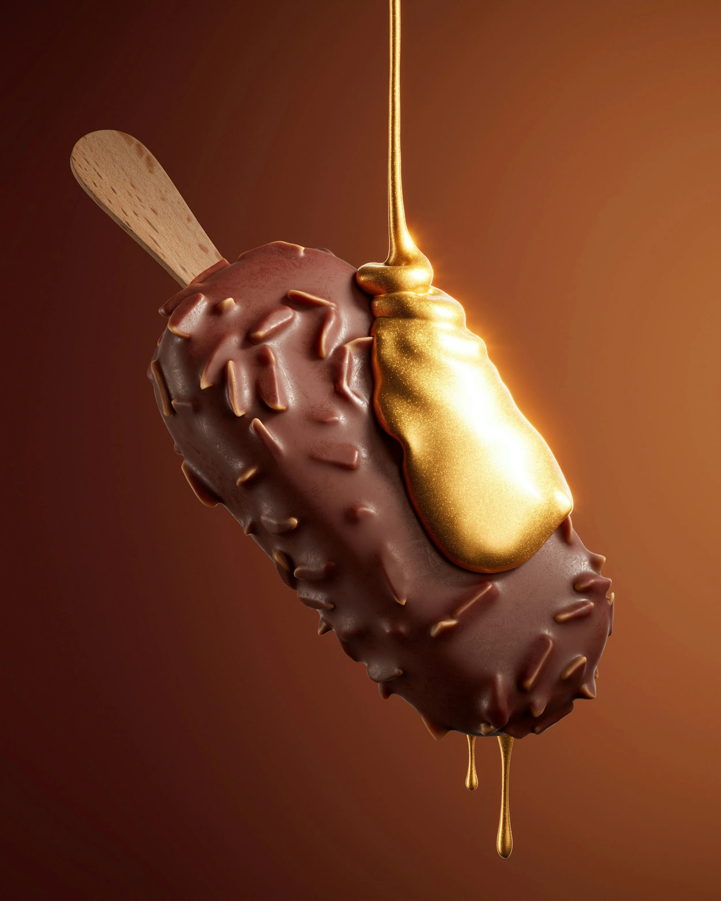 A chocolate-coated ice cream bar with a wooden stick, with gold drips and a gold topping, against a warm brown background.