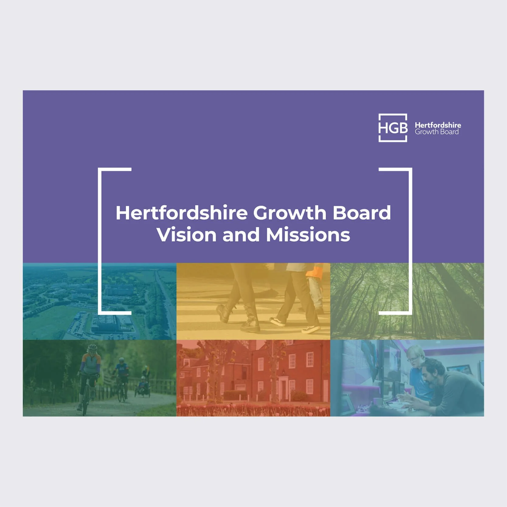 Cover page of the Hertfordshire Growth Board document titled "Vision and Missions," with a collage of images including a cityscape, people walking across a crosswalk, a forest, cyclists, a residential area, and two people working on computers.