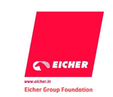 Eicher logo with website URL and text Eicher Group Foundation in red and white colors on a white background.