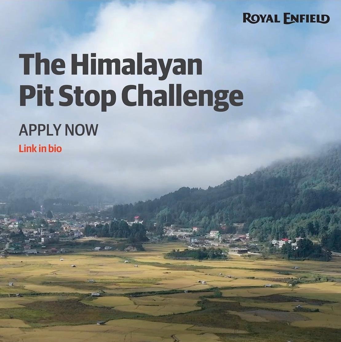 An advertisement for the Himalayan Pit Stop Challenge with a scenic mountain landscape, houses, and a cloudy sky.