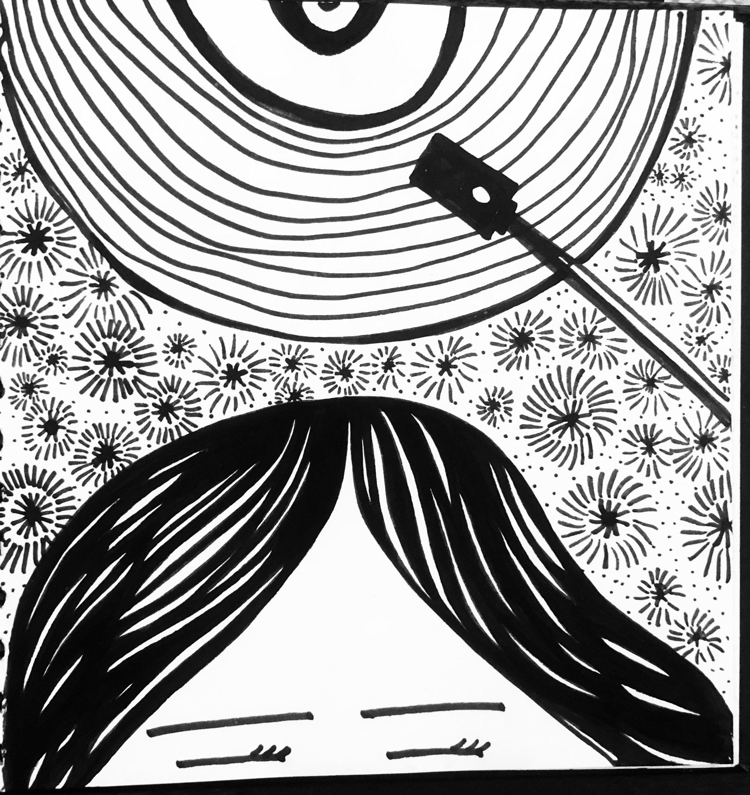 Black and white illustration of a person's forehead and hair, with a large record player and needle above their head, and a background decorated with starburst patterns.