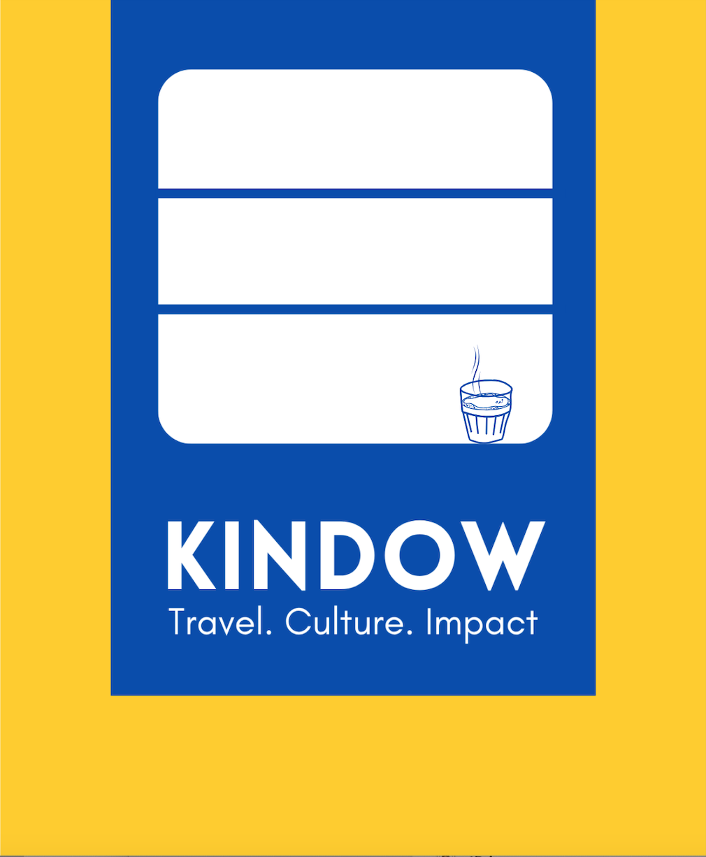 Kindow logo with a yellow background, featuring a blue train window with a steaming glass of tea, and the text "KINDOW Travel. Culture. Impact".